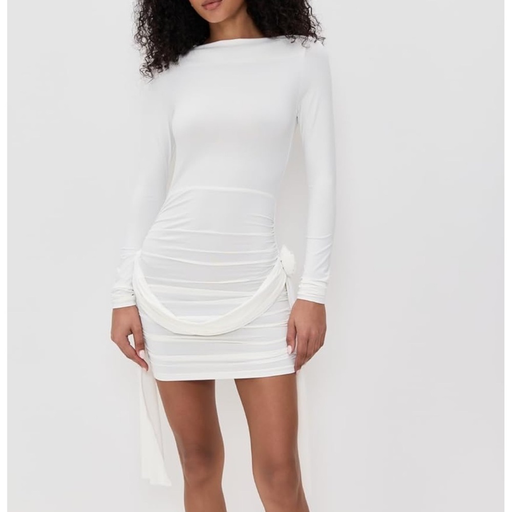 White Long-Sleeve Ruched Mini Dress with Draped Sash